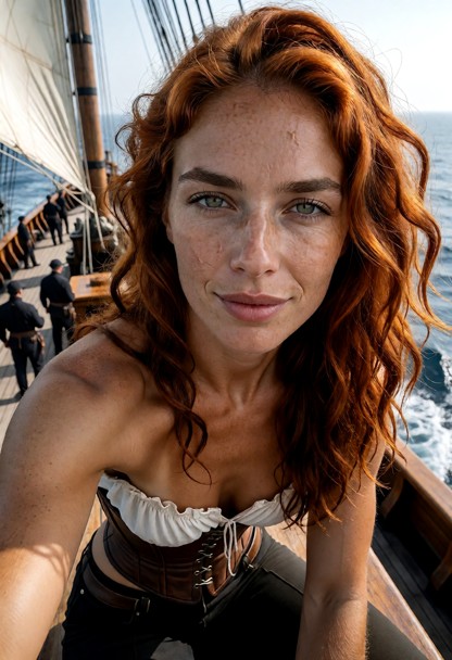 She is reffing the sails high above, solo, ship deck and crew far below (ant size),wooden railing, white blouse, brow…
