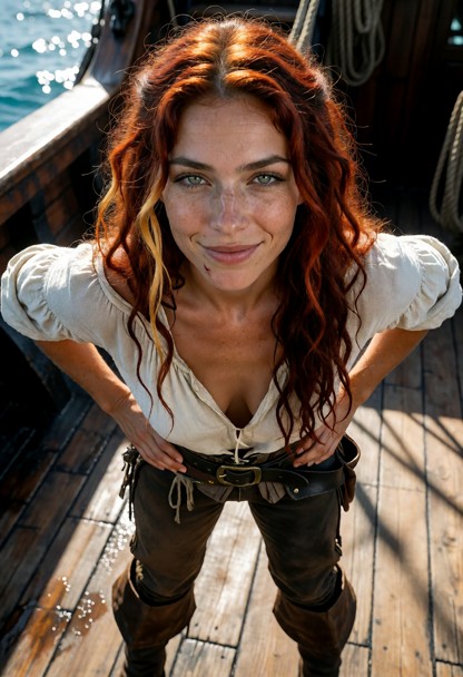 Location: bright daylight on the wooden deck of a pirate ship, with the sun casting sharp shadows across the weathere…