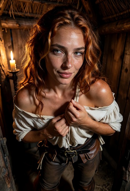 Location: dim interior of a rustic wooden hut at night, where the soft, warm glow of a single flickering candle casts…