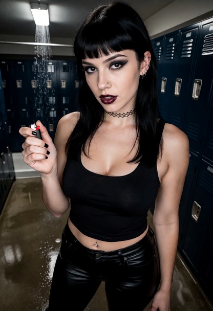 Location: dim locker room after hours with humming overhead lights, rows of navy lockers, and a distant dripping show…