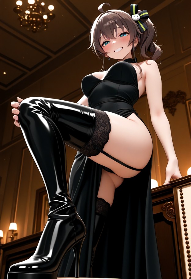 a she is is standing in a ballroom wearing an evening dress,side slit,stockings,leather thigh high boots,stiletto hee…