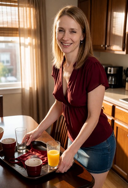 subject early 30 years Location: a cozy sunlit apartment kitchen with a wooden dining table, warm afternoon light fil…