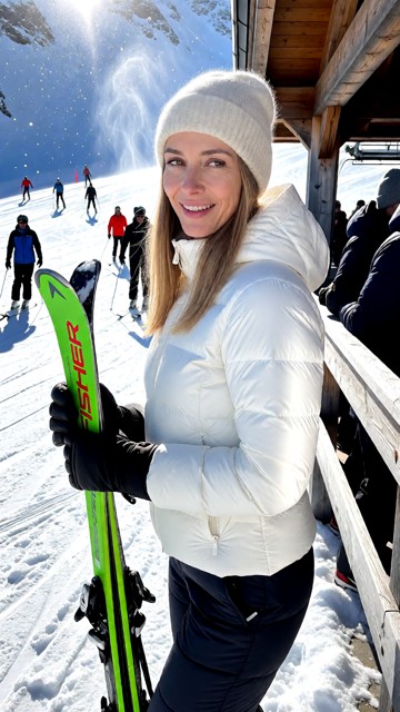 Location: bright afternoon on a snowy mountain slope near a wooden ski-lift station, where harsh sunlight glints off …
