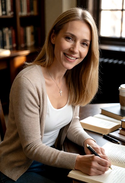 subject soft naturally attractive appearance, she wears a light beige cardigan, a simple white fitted top, blue jeans…