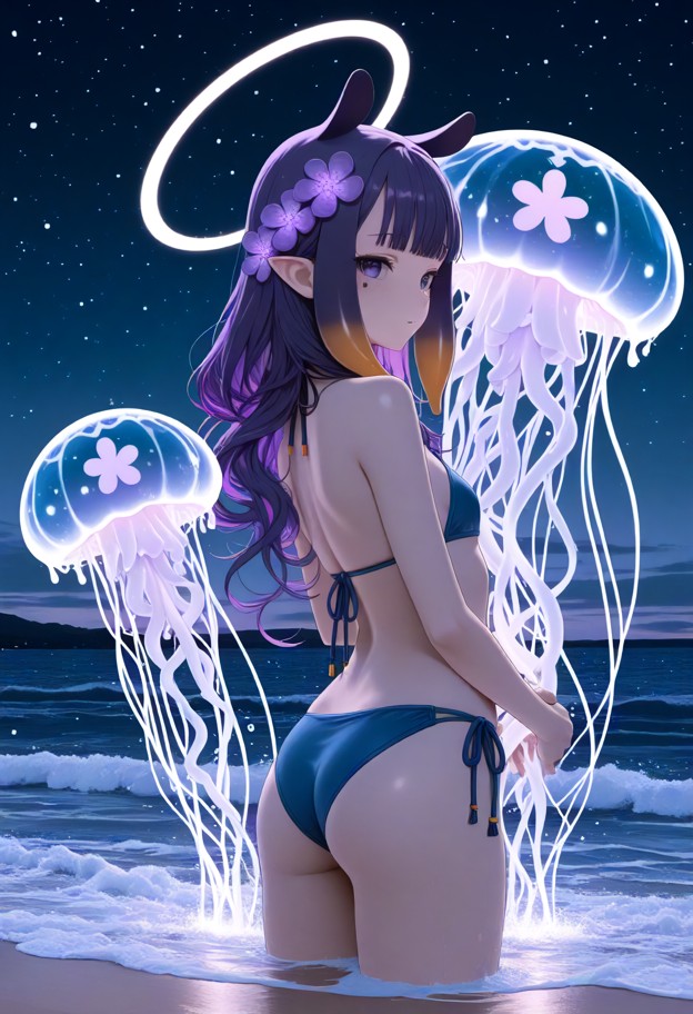 ninomae inanis leaning into a tight embrace from the viewer,blue bikini,flower in hair,magical beach at night,glowing…