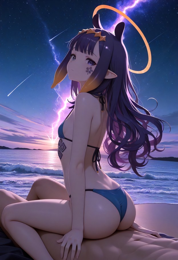 ninomae inanis sits on viewer's lap,blue bikini,magical beach at night,glowing turquoise waves,starlit sky,medium sho…