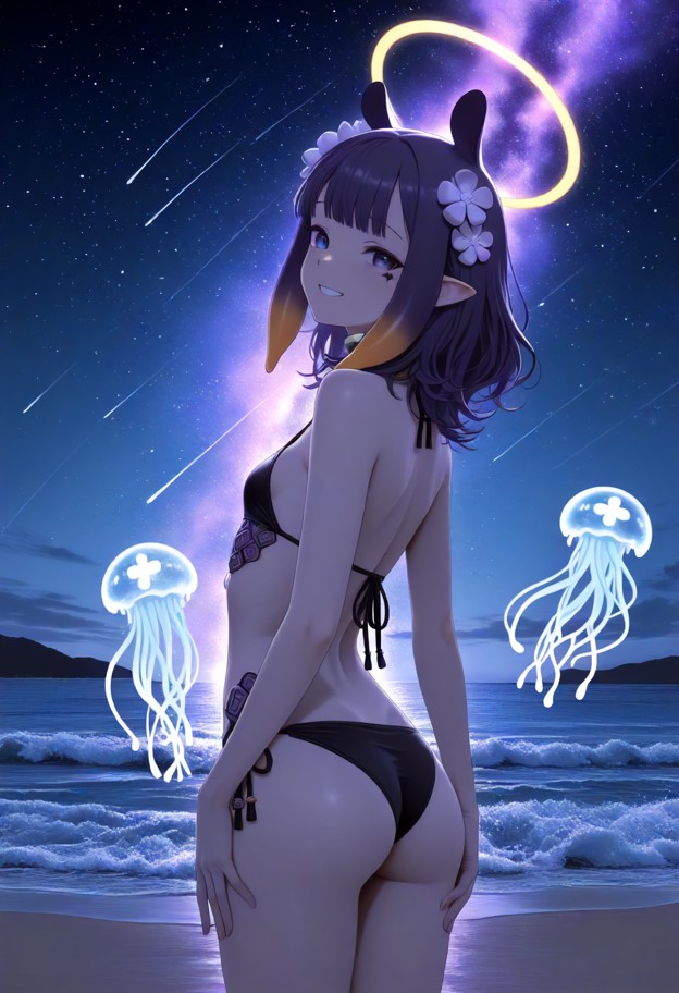 ninomae inanis leaning back against viewer and smiling,blue bikini,flower hair accessory,magical beach at night,glowi…
