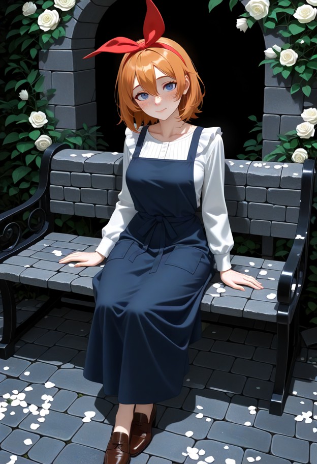 petra leyte sitting on stone bench looking at viewer,white cotton blouse,dark blue fabric apron,brown leather shoes,m…