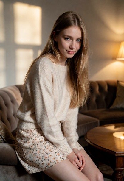 Location: a cozy, softly lit living room during the early evening, with warm ambient light casting gentle shadows aga…