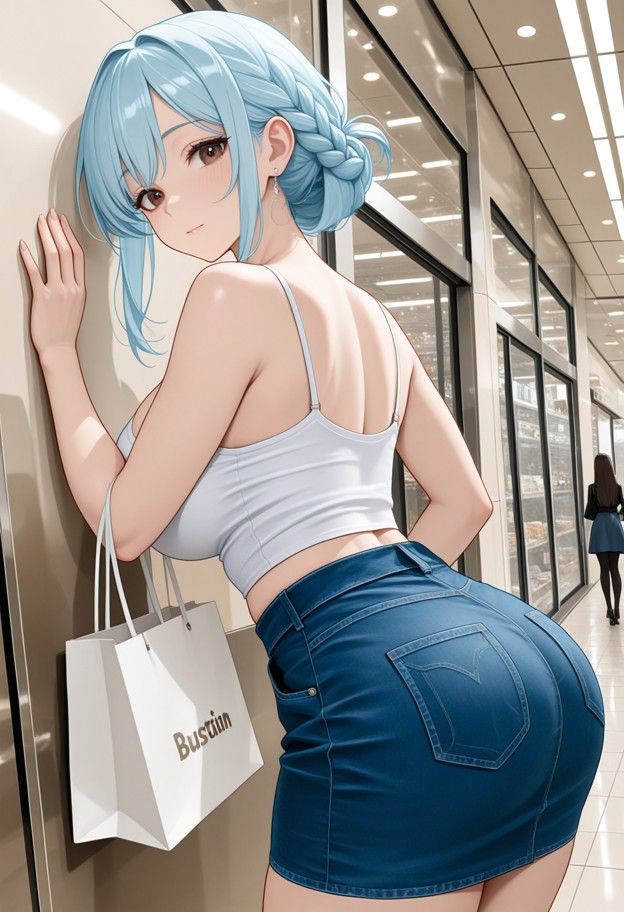 she is leaning against a wall holding a dress,white cotton crop top,blue denim skirt,bustling shopping mall hallway,g…