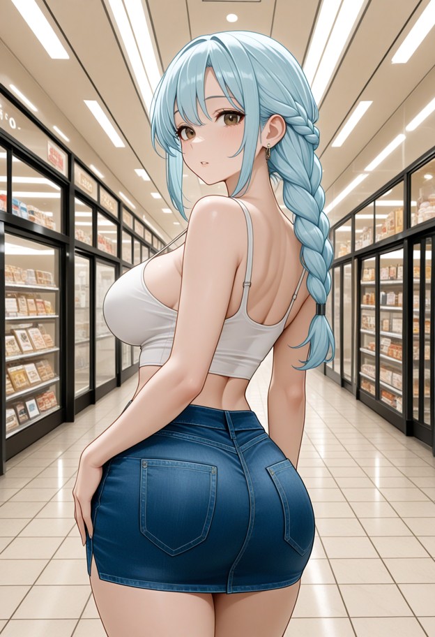 grinding her hips against the viewer,tight white crop top,short blue denim skirt,busy mall hallway,glass storefronts,…