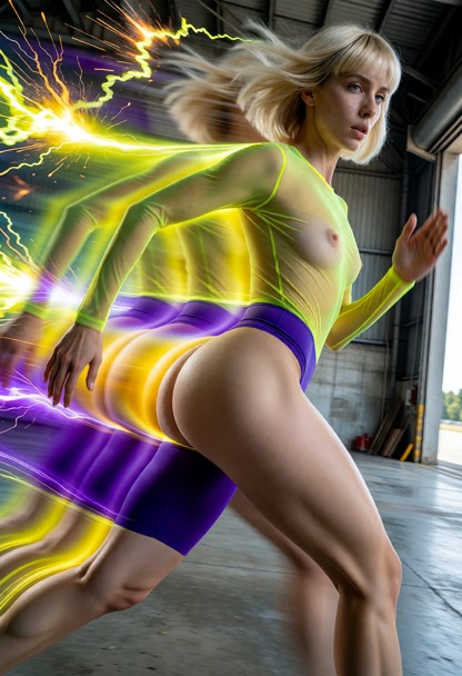 An ultra-photorealistic 8k RAW dynamic full-body photograph inspired by kinetic futurism and superhero hyper-velocity…