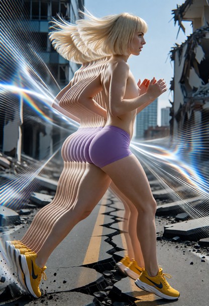 An unfiltered, hyper-realistic 8k RAW full-body photograph utilizing advanced kinetic art and chronophotographie tran…