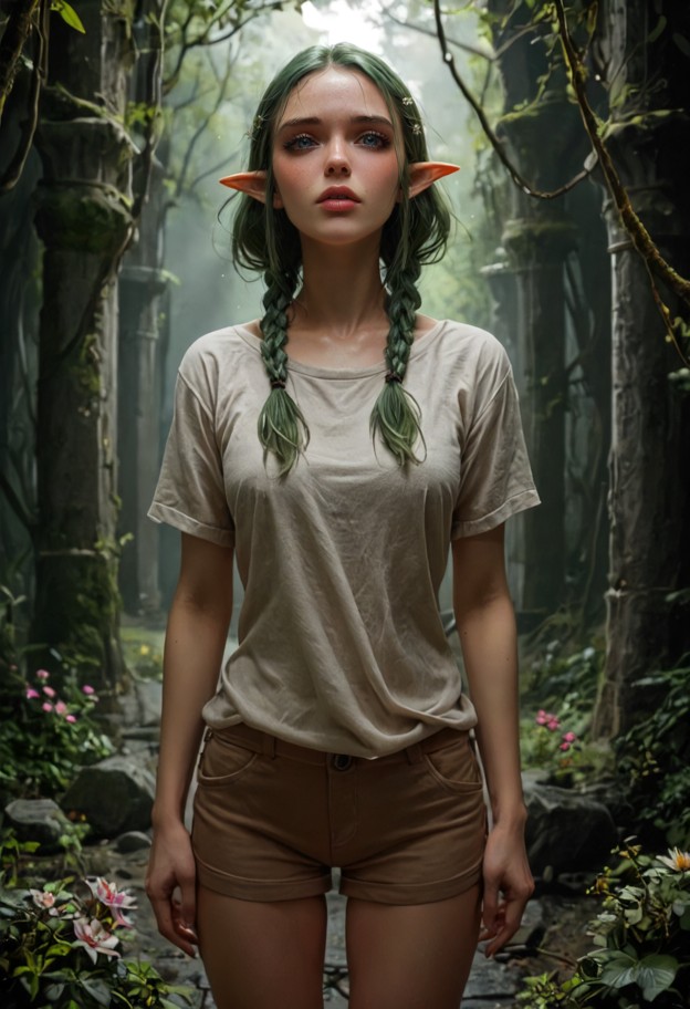 sylvia greenleaf stands in a dark dungeon corridor looking up with a happy expression,beige linen shirt,dark brown ca…
