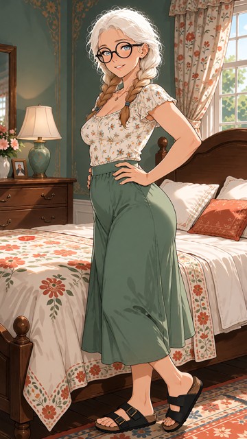 Tilde is standing in her bedroom next to her bed. She is wearing a floral top, a long green a-line skirt and black le…