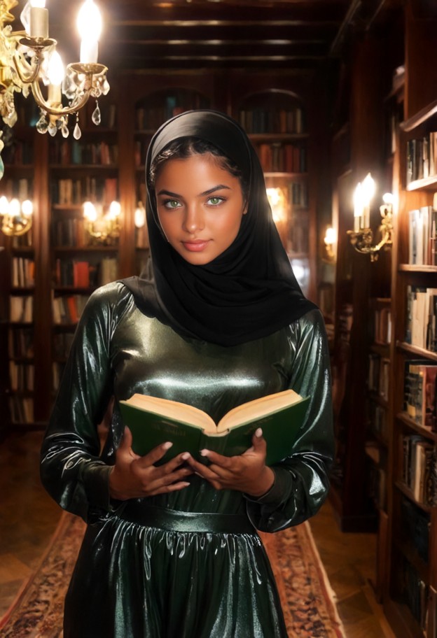 standing girl holds book to her chest while attempting to cover pussy and ass with tight hijab wrapped around hips,sh…