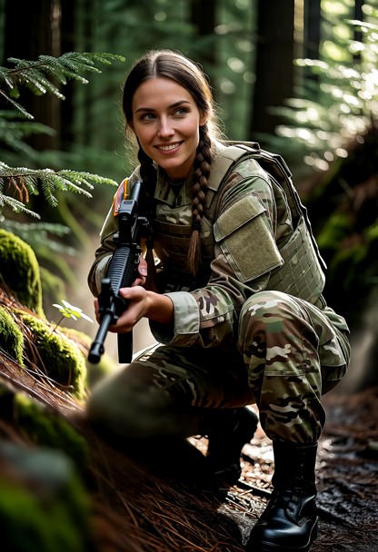 Location: a dense, lush forest during the morning with thick undergrowth and mossy rocks, where dappled sunlight filt…
