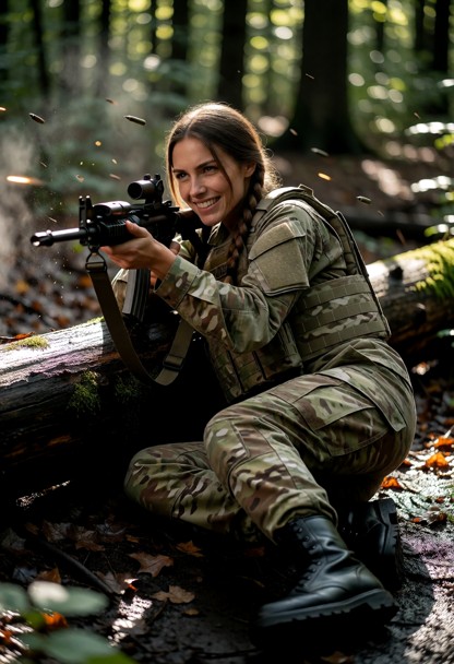 Location: a dense, shaded woodland area at dawn with dappled sunlight filtering through thick foliage, casting long, …