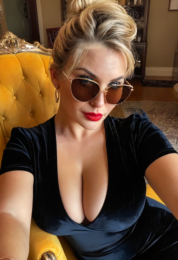 she is sitting on a velvet armchair,black silk dress,gold earrings,elegant lounge,velvet armchairs,gold-trimmed coffe…