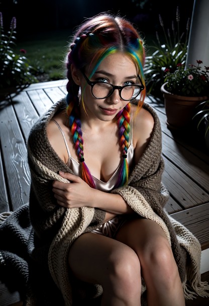Location: midnight in a moonlit backyard where the pale, silvery light reflects off the dark wooden planks of the por…