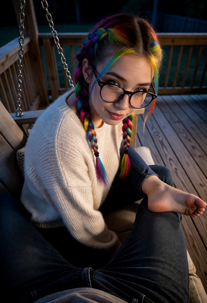Location: late evening on a wooden porch with the fading twilight casting long, soft shadows and a dim, ambient glow …