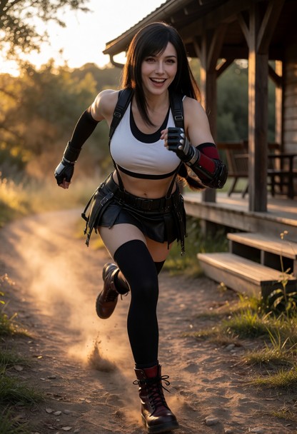 Location: evening on a dirt path near the wooden porch, bathed in the warm, golden glow of the setting sun that creat…