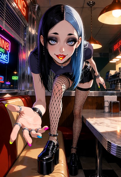 Location: late night in a dim American diner with flickering neon signs visible through the window, polished chrome s…