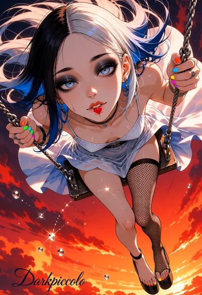 a breathtaking, ultra-dynamic worm's-eye view from the ground, looking vertically up at a woman soaring high on a swi…