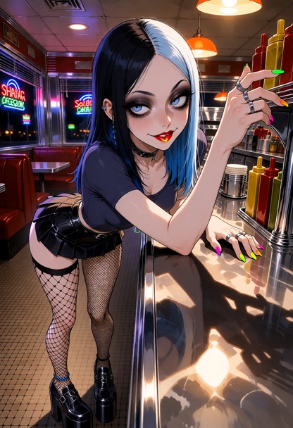 Location: late night in a dim American diner with flickering neon signs visible through the window, polished chrome s…