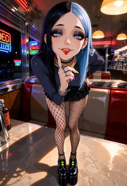 Location: late night in a dim American diner with flickering neon signs visible through the window, polished chrome s…