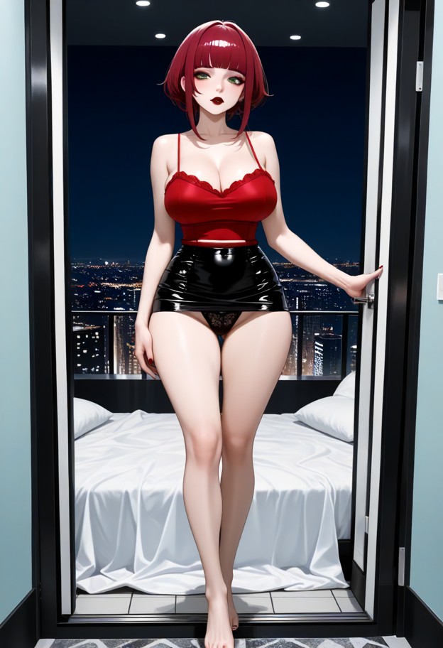 1girl standing in doorway,burgundy crop top,red camisole,black skirt,lace panties,bare feet,bedroom,white sheets,ligh…