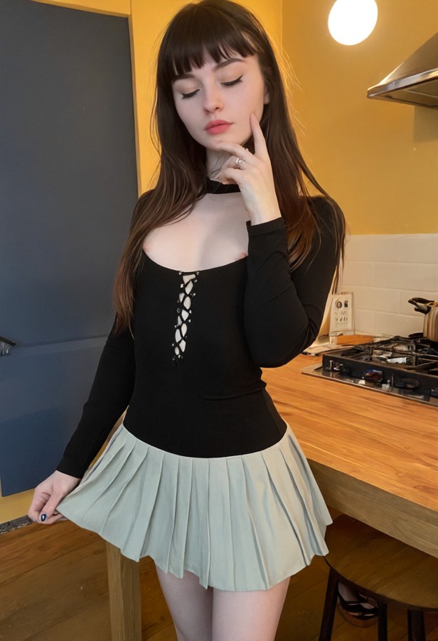 1girl standing,frontal view,kitchenette,white gas stove,wooden table,yellow walls,low ceiling,thin black cotton dress…