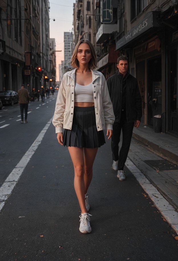 she is is walking on the sidewalk leaning against a man's arm,white button-up blouse,pleated mini skirt,light jacket,…