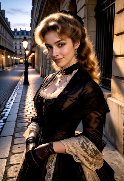 Location: a charming Parisian street in 1876 during a soft twilight, with cobblestone paths reflecting the warm glow …
