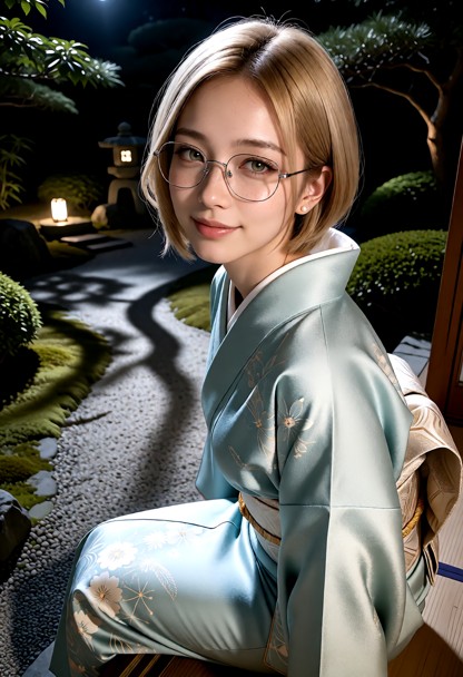 Location: the peaceful traditional garden at night, illuminated by the soft, silvery glow of the moon and a few dim s…