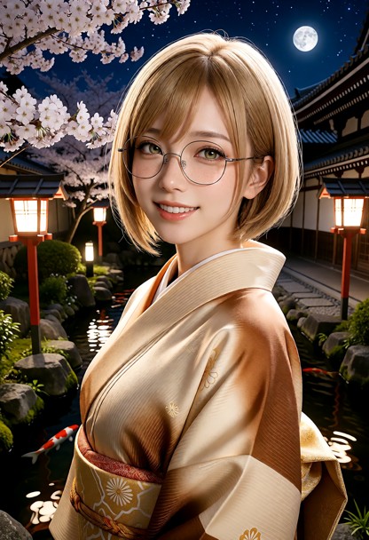 The subject looks happy and cheerful, smiling with bright eyes., She is standing in a temple garden in Kyoto, wearing…