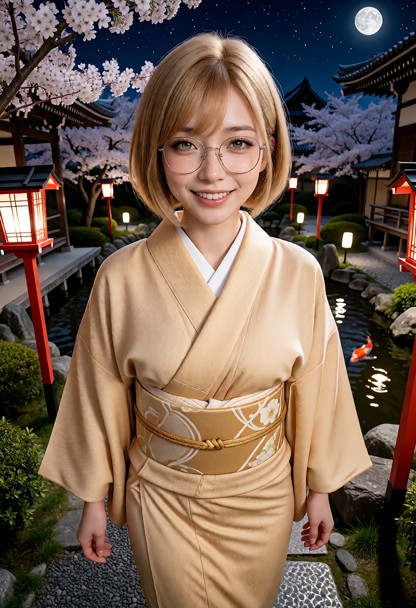The subject looks happy and cheerful, smiling with bright eyes., She is walking through temple garden in Kyoto, weari…