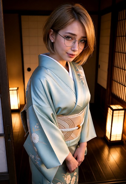 Location: the warm, dimly lit entrance of a traditional Japanese Ryokan at dusk, with soft amber light from paper lan…