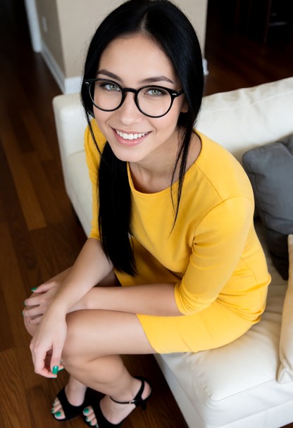 1girl, solo, she is wearing yellow_dress, ponytail, her finger nails are painted green her toe nails are painted gree…