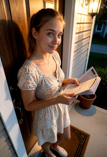 Location: early evening on a residential porch illuminated by the warm, golden glow of an overhead porch light that c…