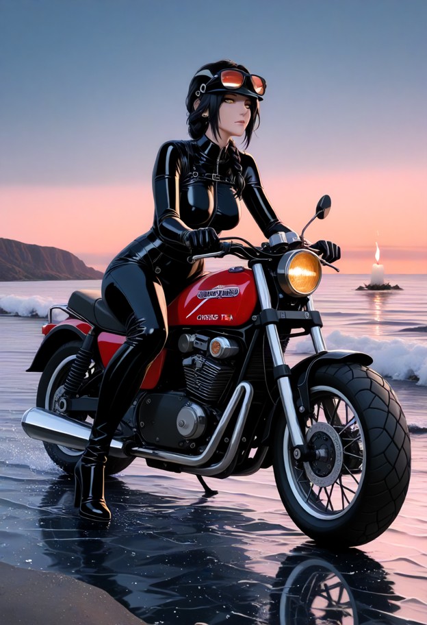 scenario and motion: a wide cinematic action shot of a highly detailed custom chopper motorcycle driving along a wind…