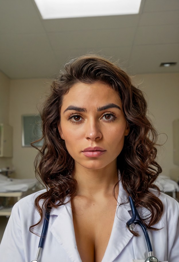 1girl,standing,doctors outfit,serious,serious look,focused eyes,composed face,eye-level shot,natural perspective,dire…