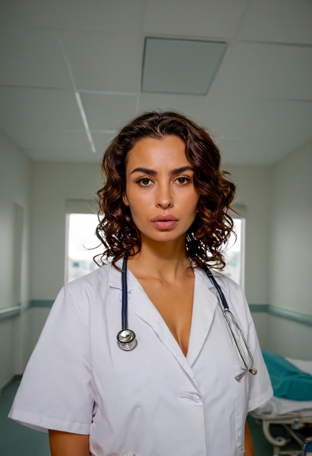 1girl,standing,doctors outfit,serious,serious look,focused eyes,composed face,eye-level shot,natural perspective,dire…