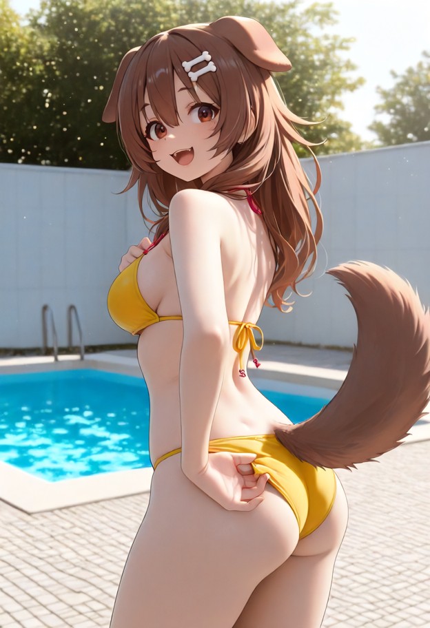 1girl,solo,standing,back to camera,looking back at camera,happy smile,open mouth,blushing,adjusting bikini,yellow bik…