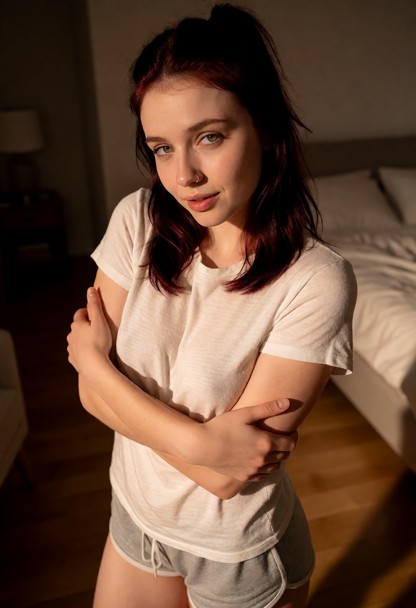 Location: quiet, warm bedroom at night with soft, ambient light casting gentle shadows across the wooden floor and co…