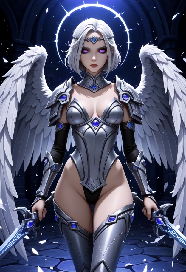 view of a dark battlefield,girl is holding sword aloft as it illuminates,light from sword is golden,serious look on f…