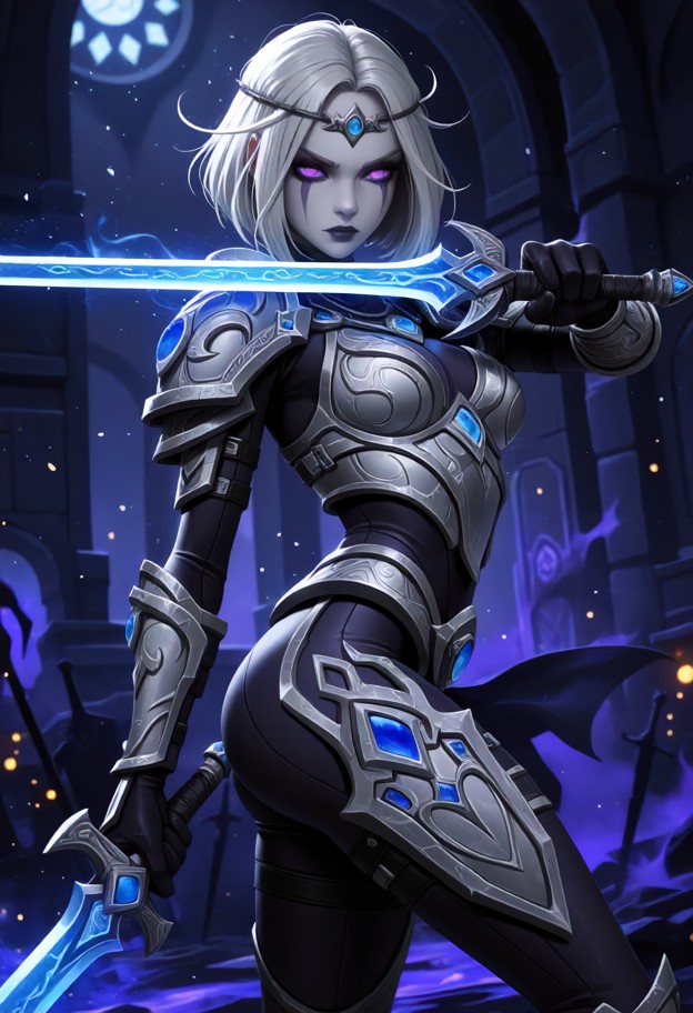 view of a dark battlefield,girl is holding sword aloft as it illuminates,light from sword is divine,serious look on f…