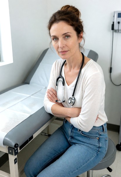 Location: a small medical exam room with sterile white walls, a metal examination table, and bright, even overhead fl…