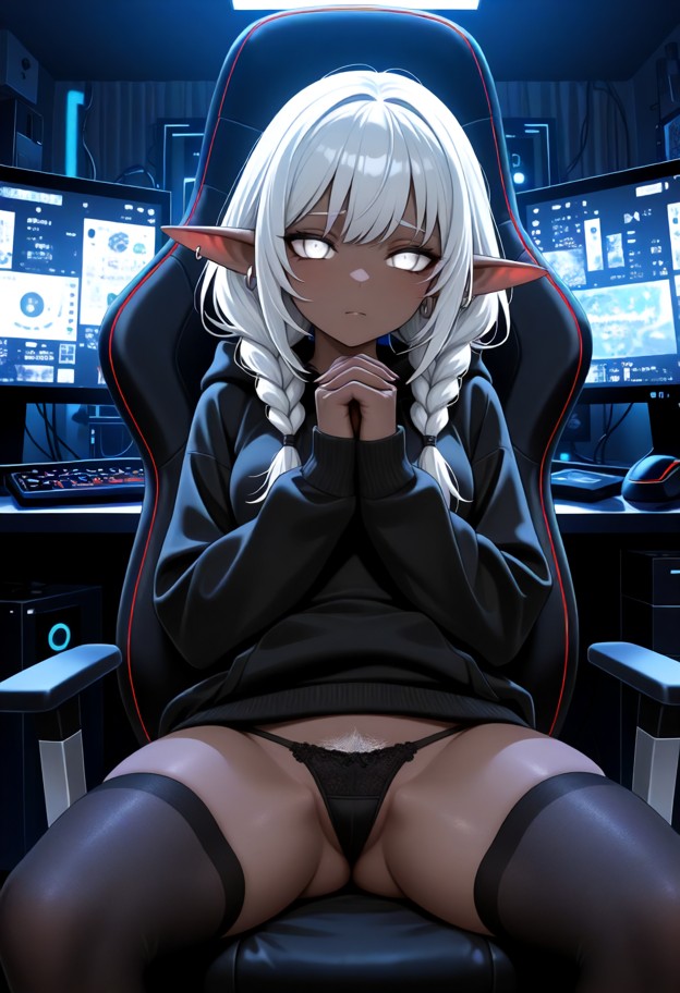 1girl sitting in gaming chair,black panties,sheer black stockings,oversized black hoodie,dimly lit streaming room,mon…