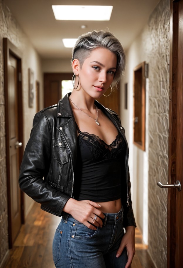 sinoly strides forward holding viewer's hand,black lace camisole,dark denim jacket,silver hoop earrings,dimly lit hal…